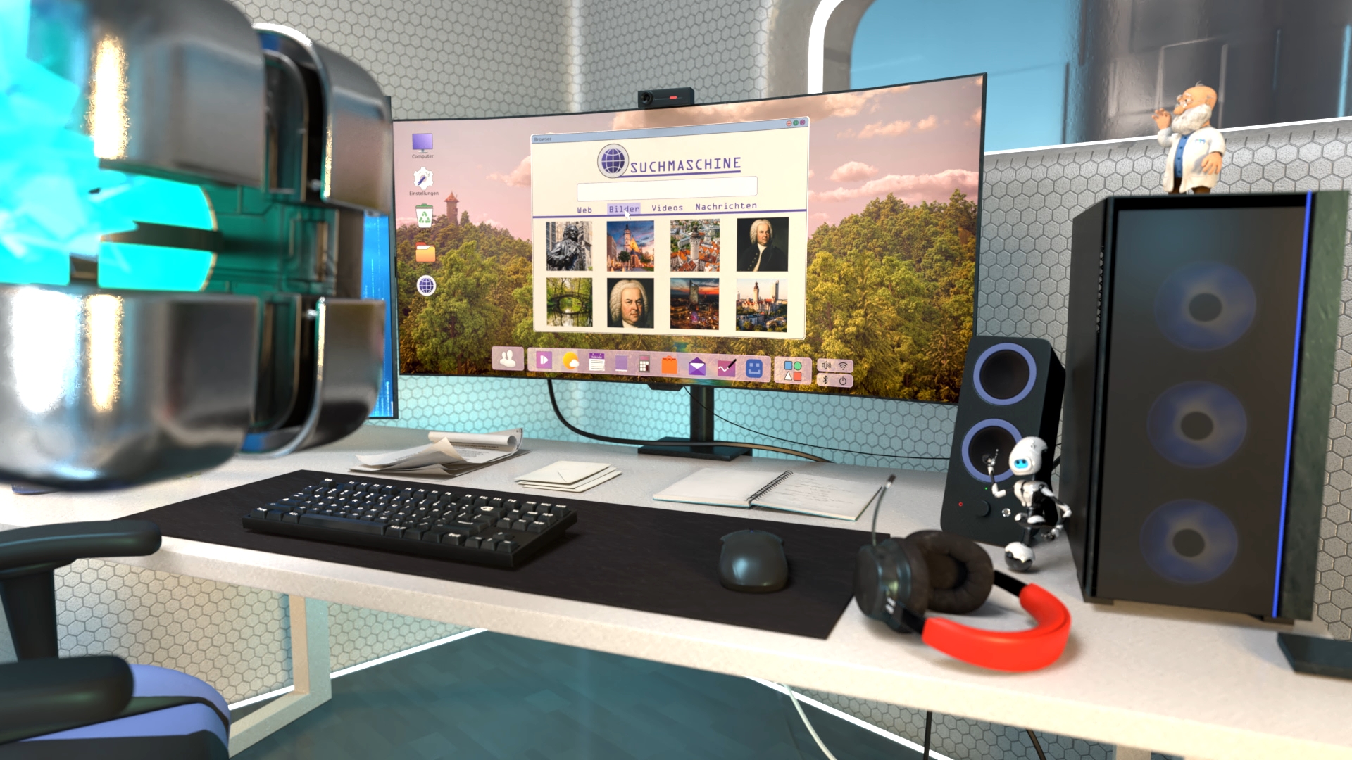 Moderner Computerarbeitsplatz mit Monitor, Tastatur, Maus, Kopfhörern und Lautsprechern in einem hellen Raum mit dekorativen Figuren auf dem Schreibtisch