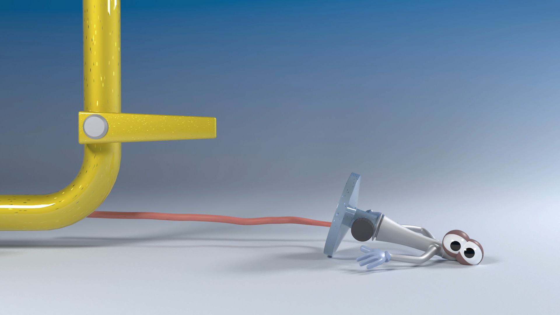 Ein animierter Charakter, der wie ein Stecker aussieht, liegt auf dem Boden neben einem gelben Rohr.