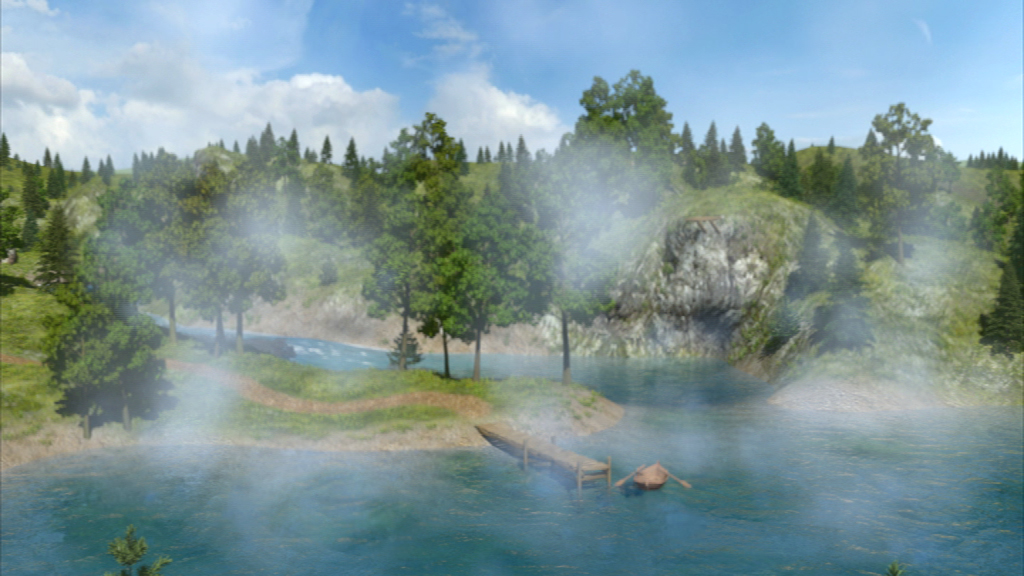 Eine ruhige Landschaft mit einem Fluss, umgeben von Bäumen und Hügeln, leicht neblig.