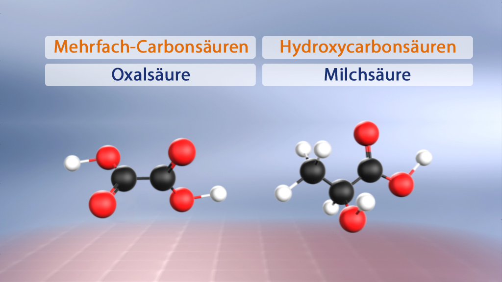 Molekülstrukturen von Oxalsäure (links) und Milchsäure (rechts) mit chemischen Formeln und Bezeichnungen.