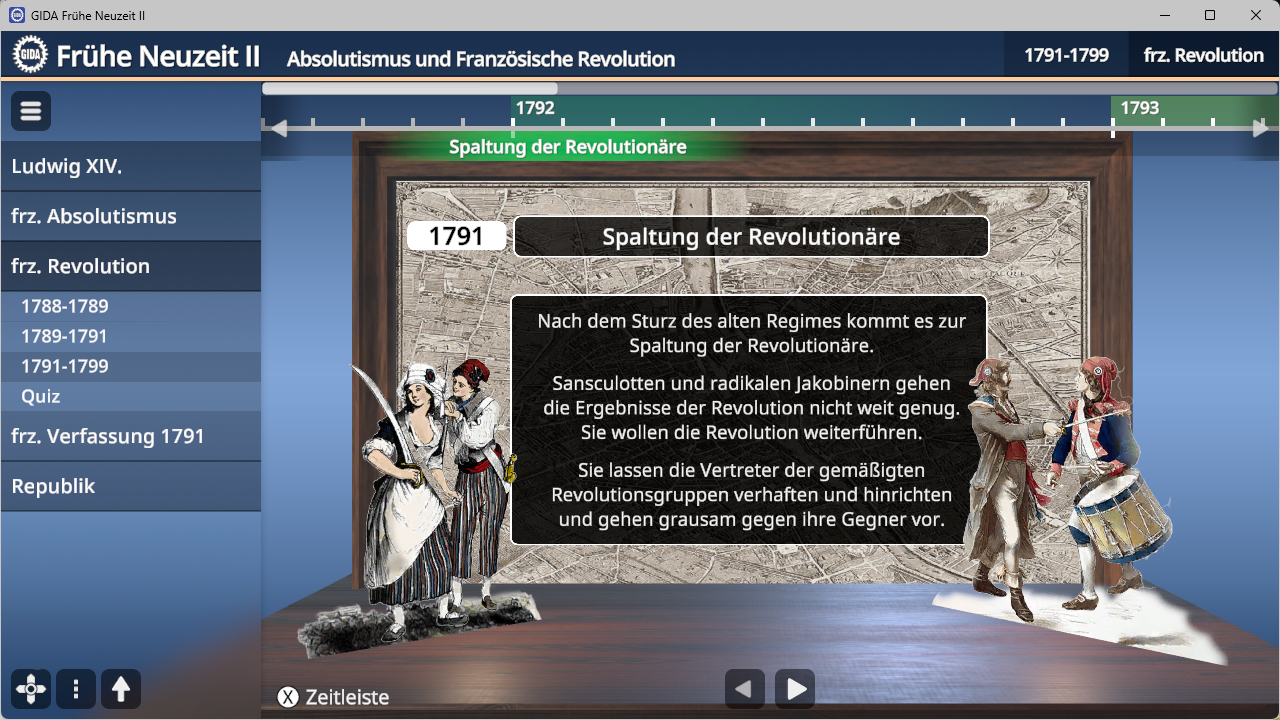 Screenshot einer interaktiven Zeitleiste zur Französischen Revolution mit Textbox über die Spaltung der Revolutionäre und Illustrationen von historischen Figuren in zeitgenössischer Kleidung