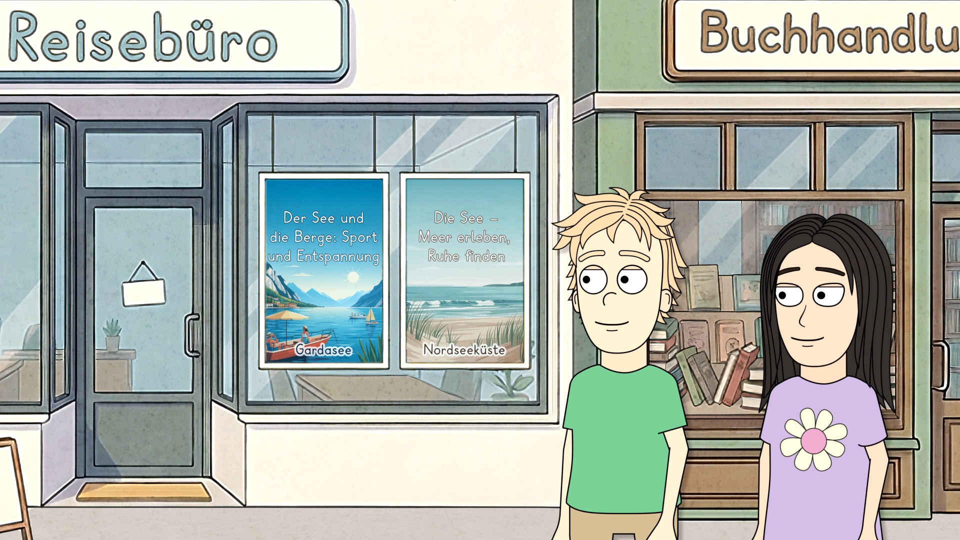 Zwei Personen stehen vor einem Reisebüro und einer Buchhandlung, die Schaufenster zeigen Reiseplakate und Bücherregale.