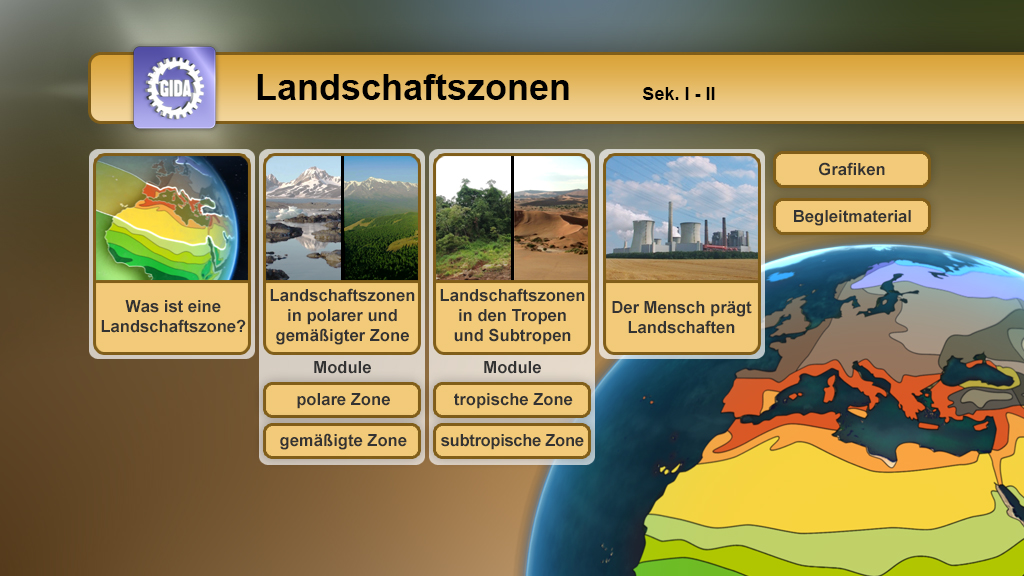 Infografik über Landschaftszonen mit vier Modulen: Definition, polare und gemäßigte Zonen, tropische und subtropische Zonen.