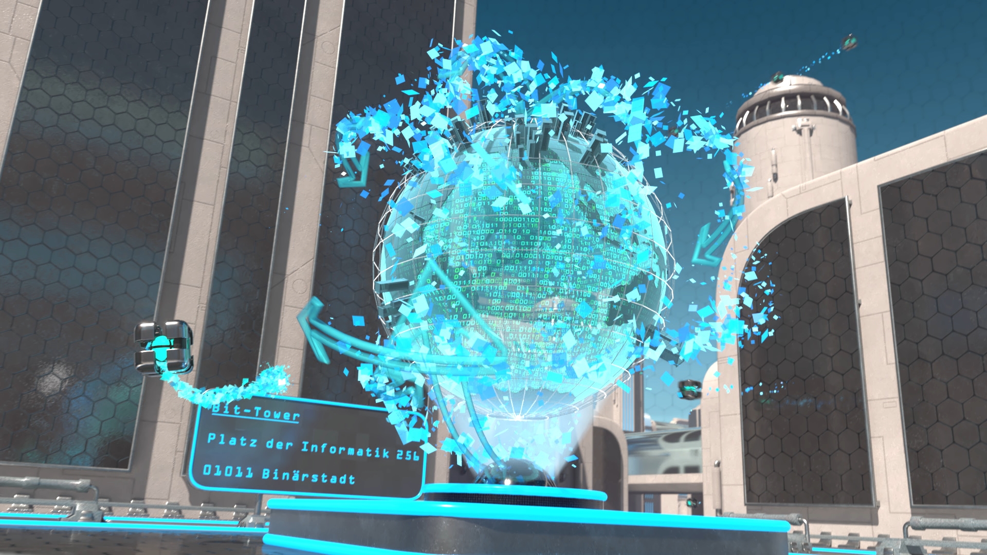 Futuristische Szene mit einer leuchtenden, digitalen Weltkugel und einem Schild mit der Aufschrift 'e-Tower Platz der Informatik 25 01051 Binärstadt' vor einem Gebäude mit Turm