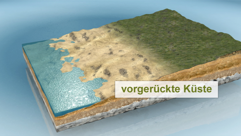 3D-Darstellung einer vorrückenden Küste mit Wasser, Sand und Vegetation.