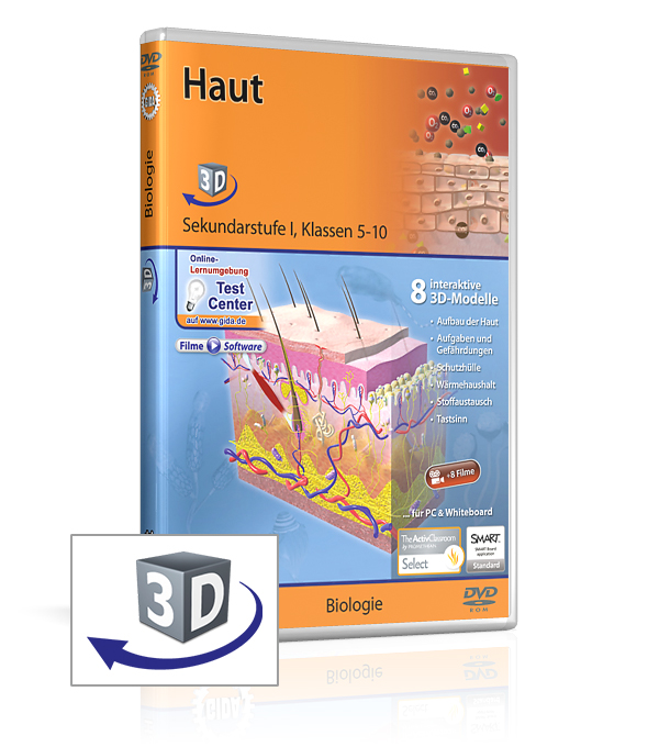 DVD mit dem Titel 'Haut' für Biologieunterricht, enthält 3D-Modelle und interaktive Inhalte für Klassen 5-10.