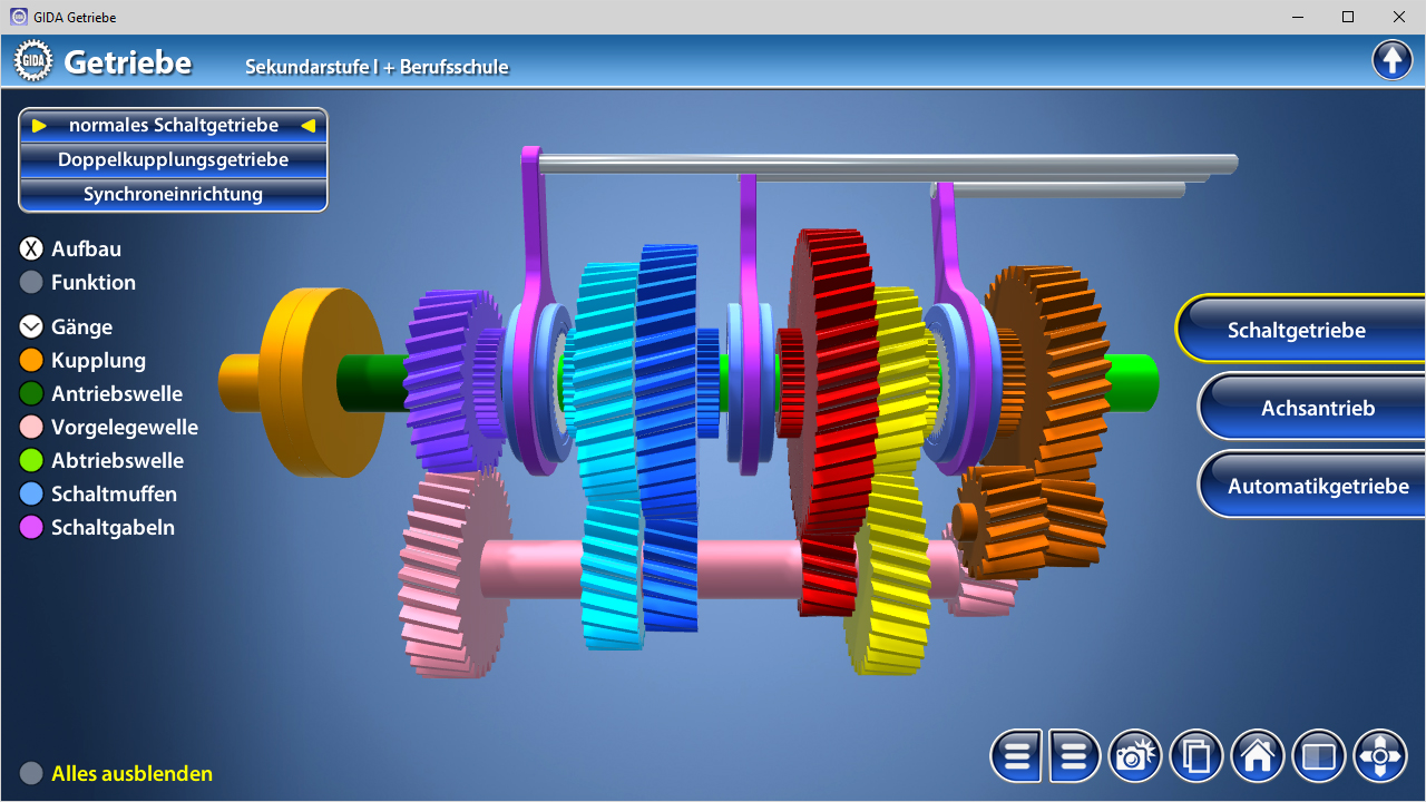 3D-Darstellung eines Schaltgetriebes mit farbigen Zahnrädern und Komponenten, die die Funktionsweise zeigen.