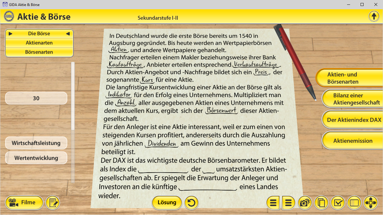 Handschriftlicher Text über die Börse in Deutschland, einschließlich Informationen zu Aktien und deren Kursentwicklung.