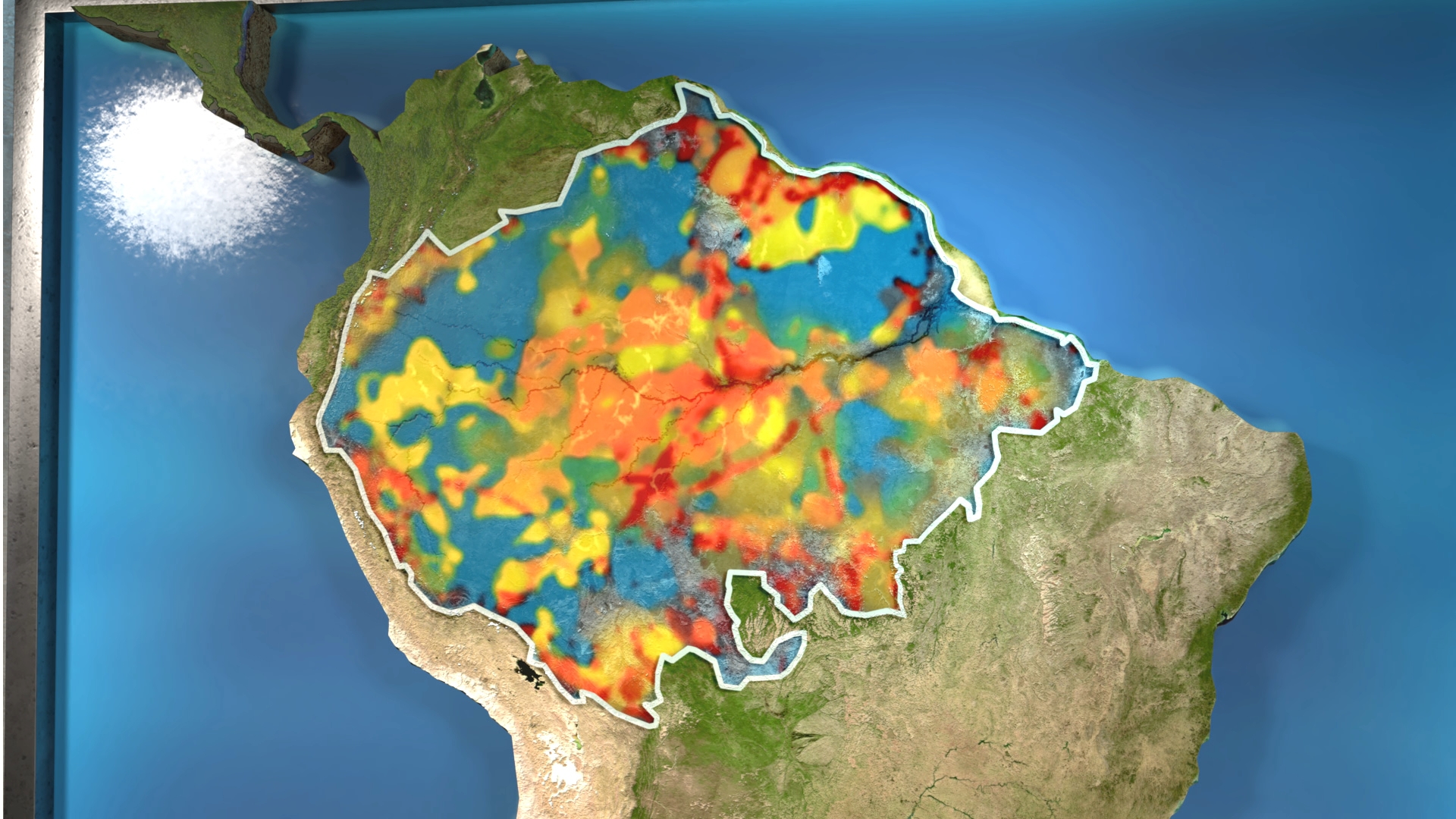 Karte von Südamerika mit farbigen Markierungen, die zeigt, wie sich der Wald bis zum Jahr 2050 in der Amazonasregion verändern könnte. Je mehr die Farbe orange oder rot wird, desto größer ist die Gefahr.