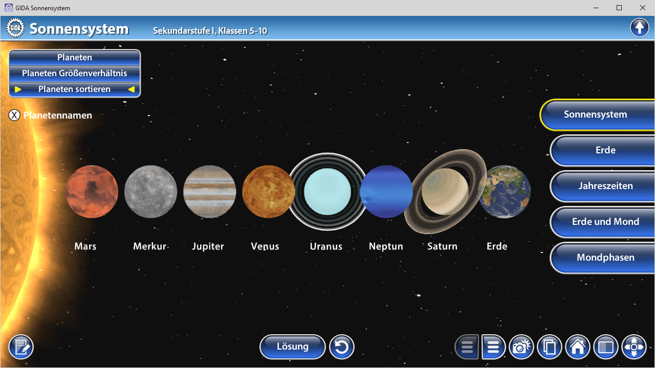Darstellung des Sonnensystems mit Planeten in Reihenfolge von Mars bis Saturn, einschließlich der Erde und Uranus.