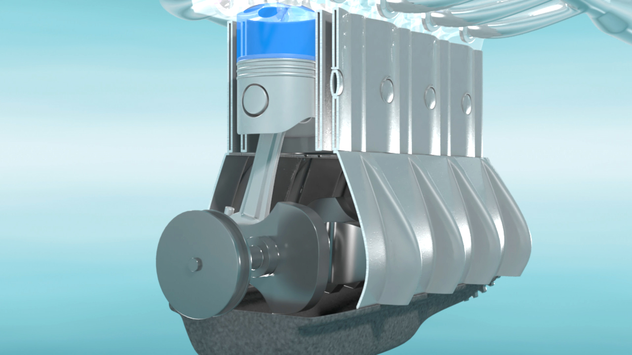 Schematische Darstellung eines Motorblocks mit Kolben und Zylinder, blaues Element oben.