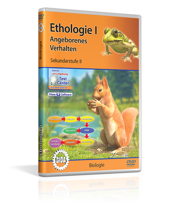 DVD-Cover mit dem Titel 'Ethologie Eins' für Sekundarstufe 2. Es zeigt einen Frosch und ein Eichhörnchen, mit grafischen Elementen zur Verhaltensforschung.
