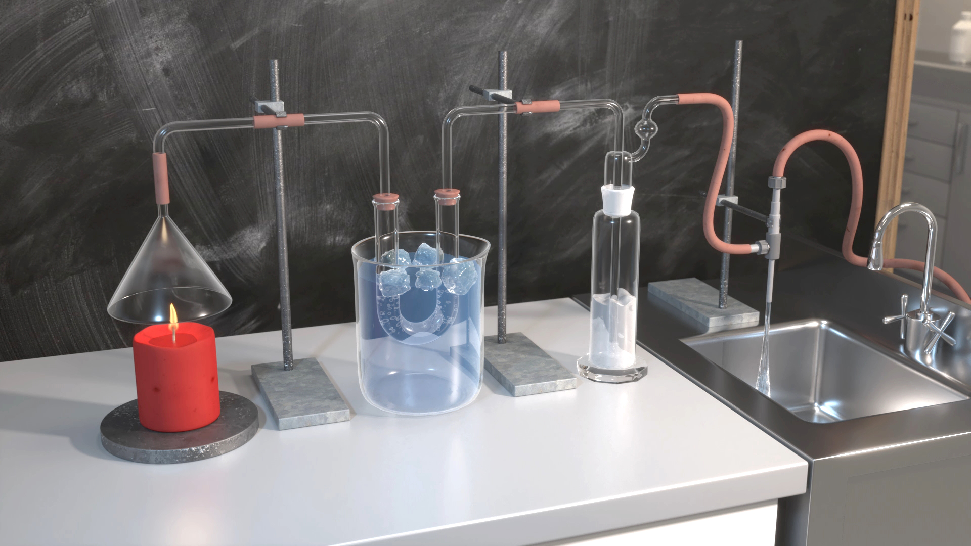 Chemielabor mit verschiedenen Apparaturen, darunter ein Erlenmeyerkolben, ein Becherglas mit Eis und eine Glasflasche.