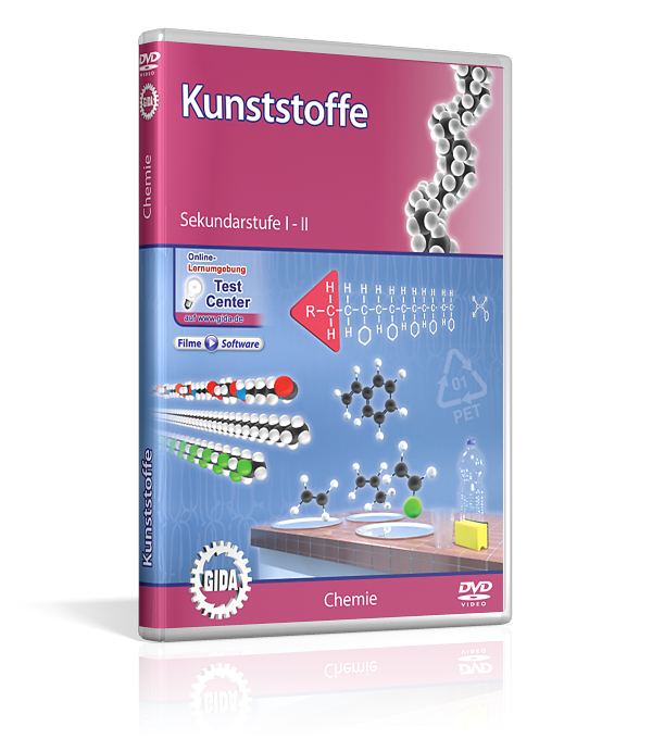 DVD-Cover mit dem Titel 'Kunststoffe', das sich auf Chemie für die Sekundarstufe I-II konzentriert. Abgebildet sind Molekülstrukturen.