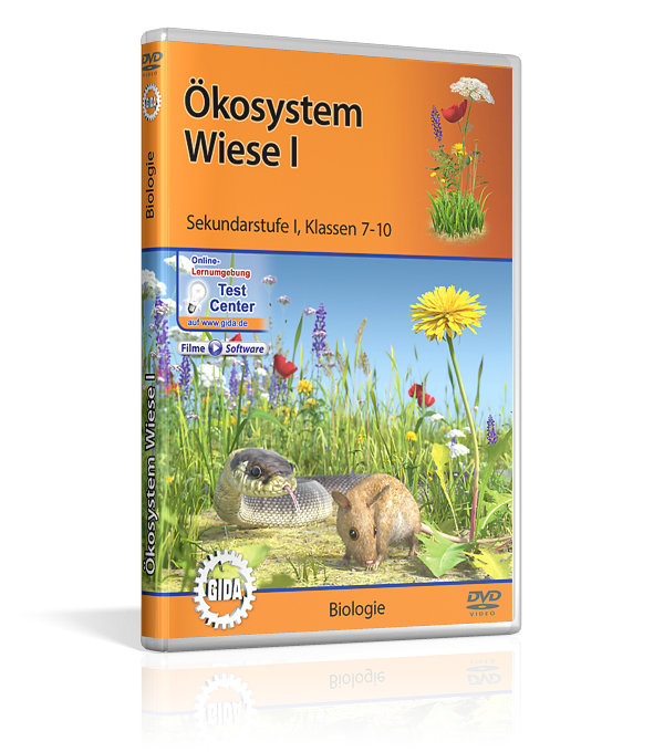DVD-Cover für 'Ökosystem Wiese I', mit Bildern von Tieren und Pflanzen, für den Biologieunterricht der Klassen 7-10.