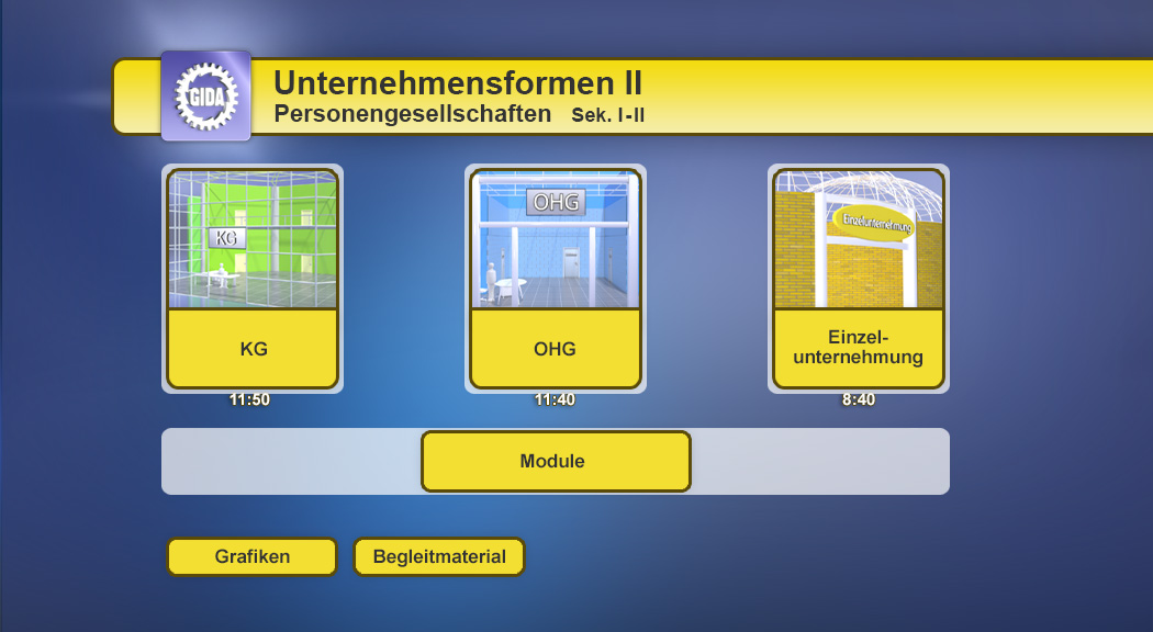 Menü des Films Unternehmensformen zwei: KG, OHG und Einzelunternehmen mit Zeitangaben für Module.