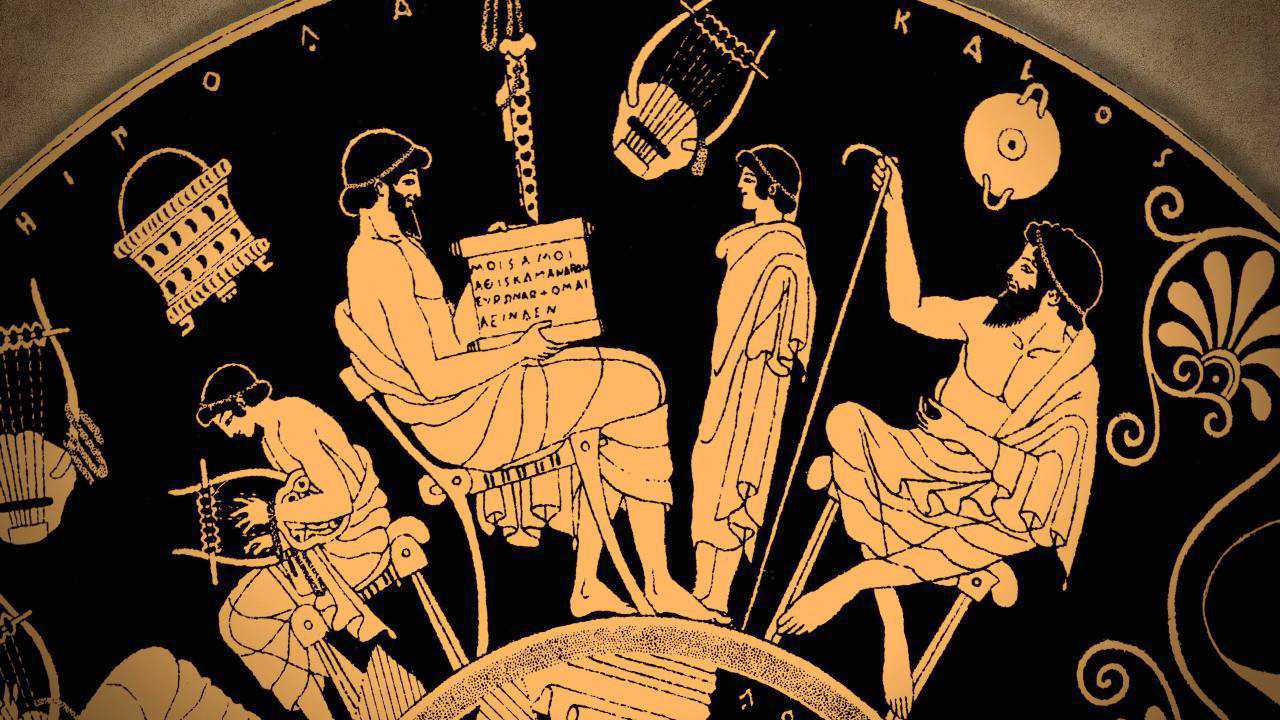Antike griechische Darstellung von Männern in verschiedenen Posen, einige mit Musikinstrumenten, andere in Gesprächen.