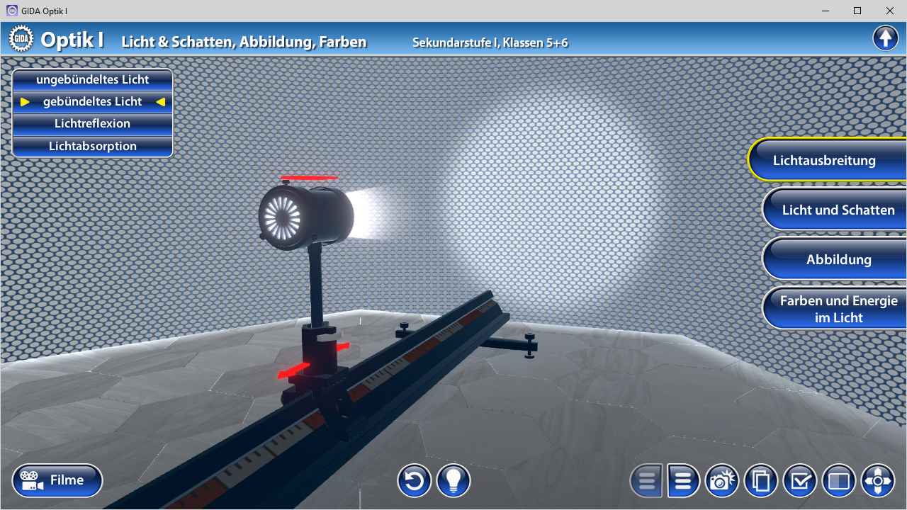 Interaktive Darstellung eines Lichtmodells mit verschiedenen Lichtarten und Funktionen in einem optischen Experiment.