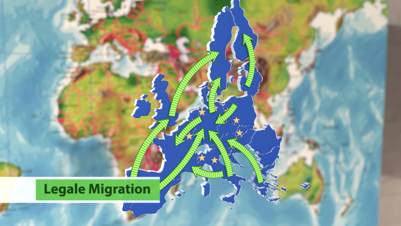 Karte von Europa mit grünen Pfeilen, die legale Migrationsrouten darstellen, und blauen Ländern.