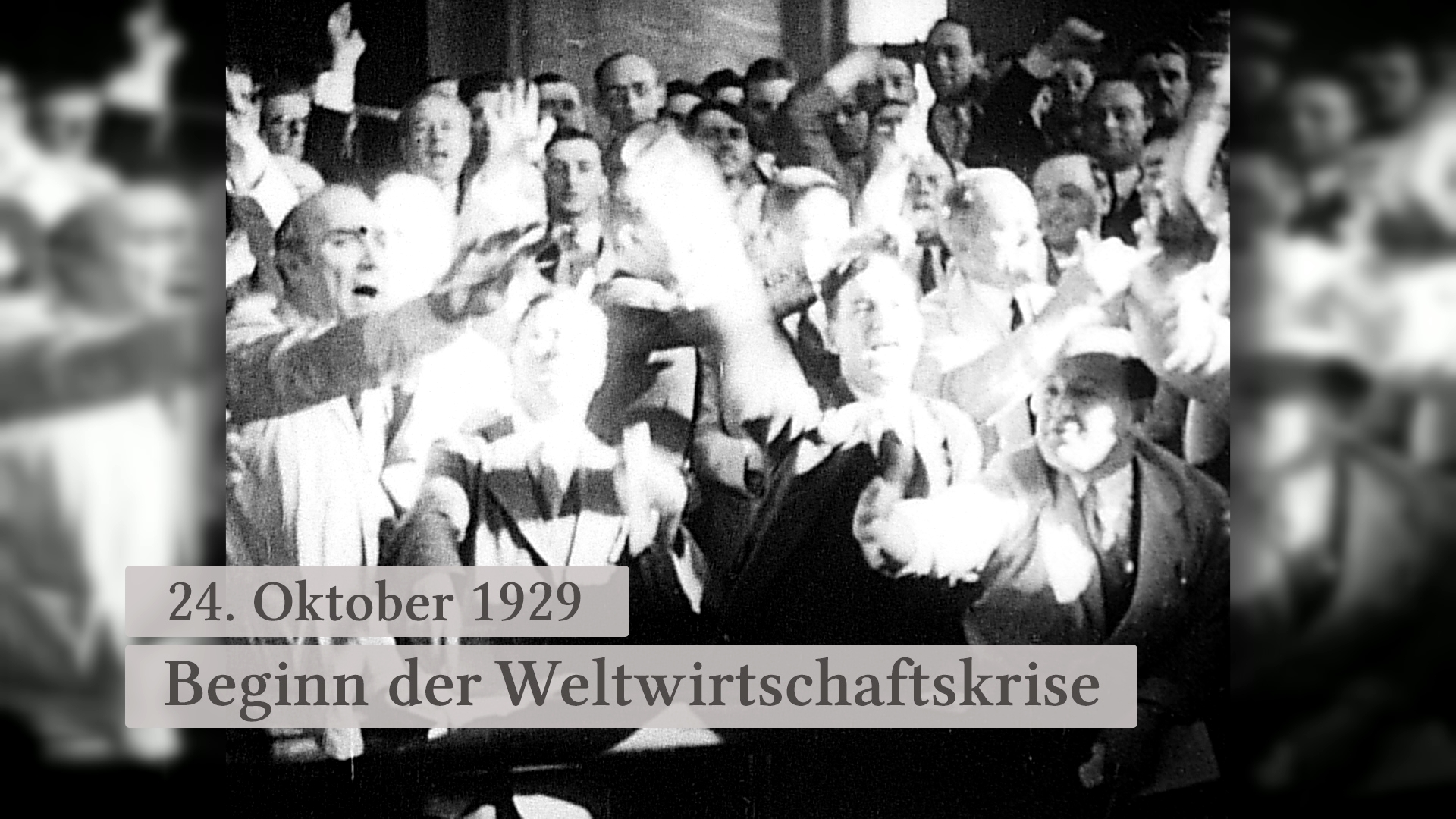Menschenmenge bei einer Versammlung am 24. Oktober 1929, mit erhobenen Händen, während der Beginn der Weltwirtschaftskrise verkündet wird.