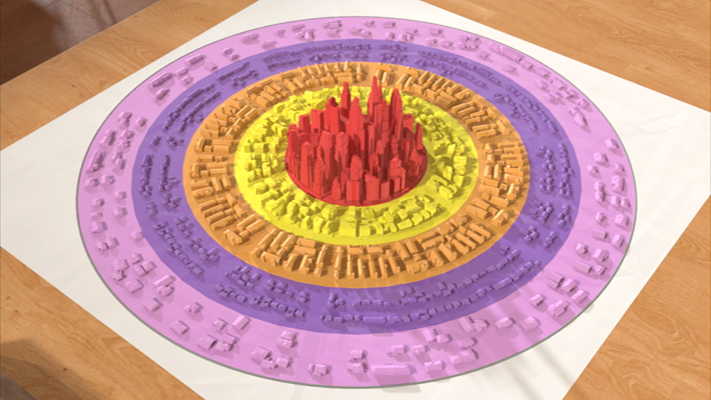 Modell einer Stadt mit verschiedenen Zonen in Rot, Orange, Gelb und Lila, die unterschiedliche Stadtstrukturen darstellen.