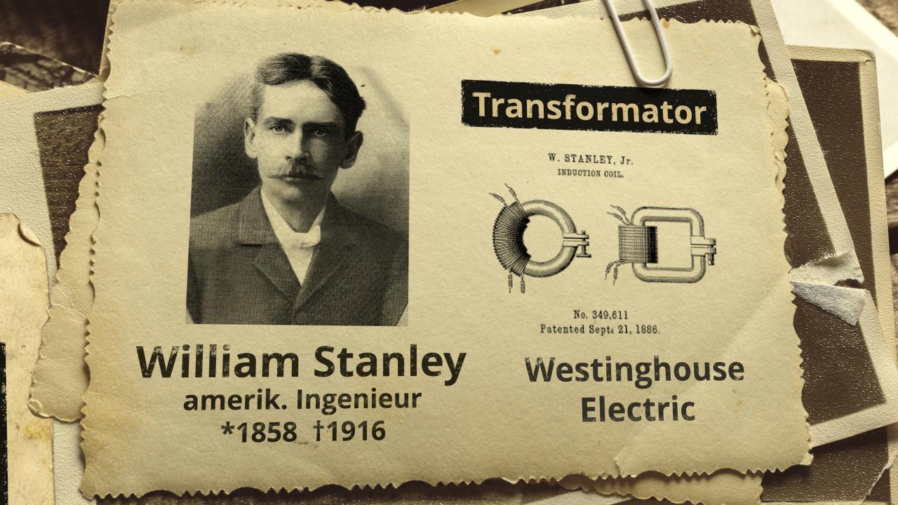 Porträt von William Stanley, amerikanischer Ingenieur, mit Angaben zu seinem Geburts- und Sterbedatum sowie einer Abbildung eines Transformators.