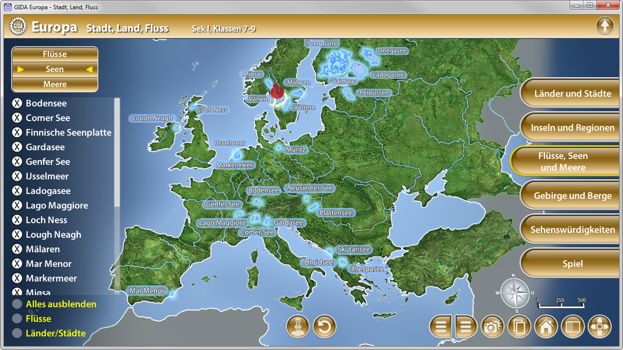 Interaktive Karte von Europa mit Flüssen, Städten und Gebirgen, Menü auf der linken Seite.