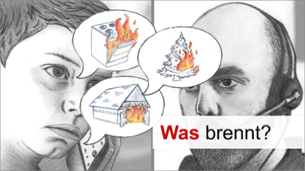 Zwei Personen, eine junge Person und ein Erwachsener, diskutieren über brennende Objekte, darunter ein Weihnachtsbaum und ein Haus.