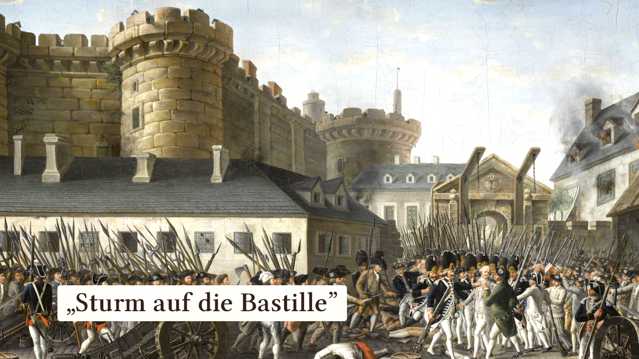 Historische Darstellung des Sturms auf die Bastille während der Französischen Revolution, mit Soldaten und Bürgern in Aktion.