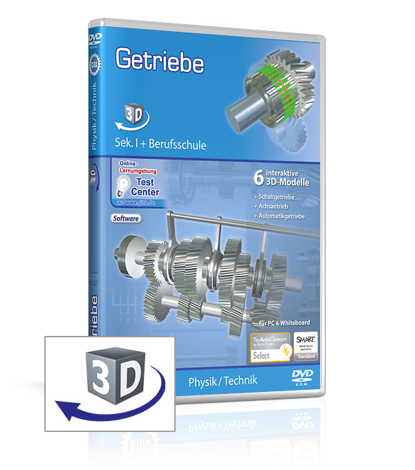 DVD-Cover für 'Getriebe' mit 3D-Modellen zur Physik und Technik, geeignet für Sekundarstufe I und Berufsschule.