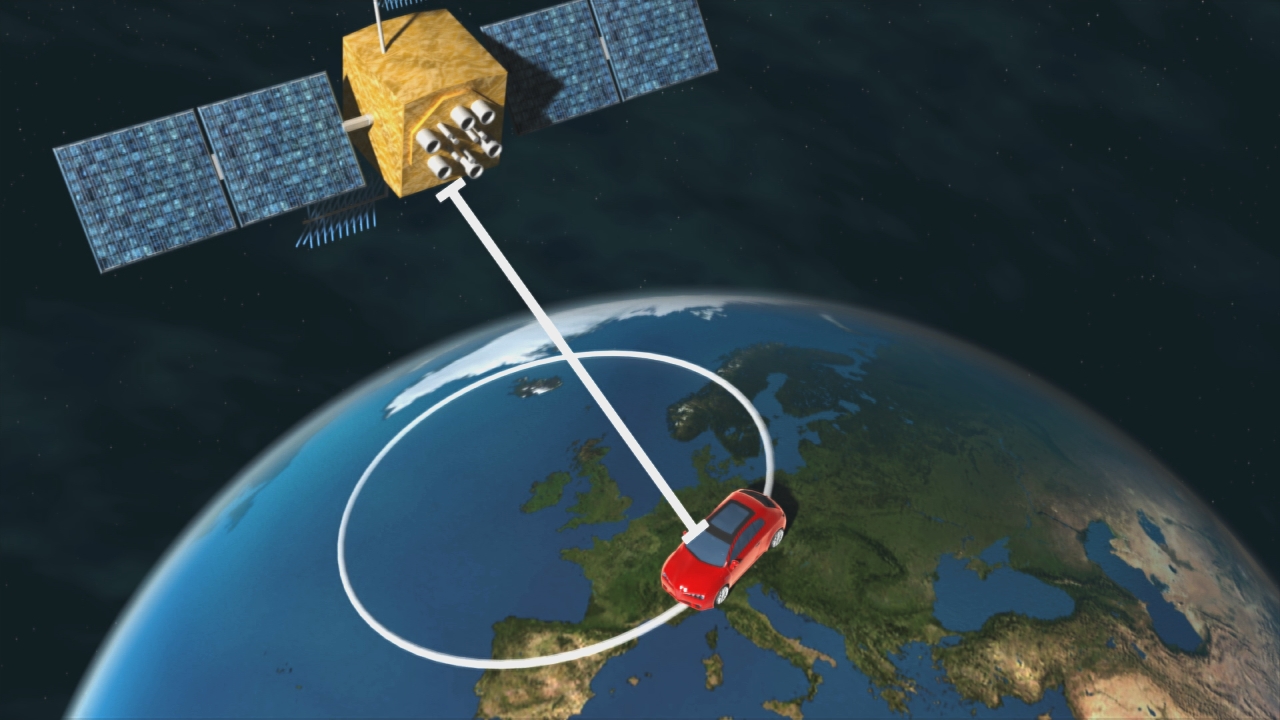 Ein rotes Auto wird von einem Satelliten über der Erde verfolgt, der mit einer Verbindungslinie verbunden ist.