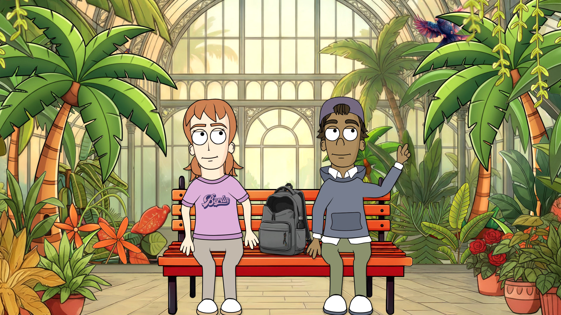 Zwei animierte Personen – Clara und Troy – sitzen auf einer roten Bank in einem Gewächshaus mit vielen tropischen Pflanzen und einem bunten Vogel auf einem Ast