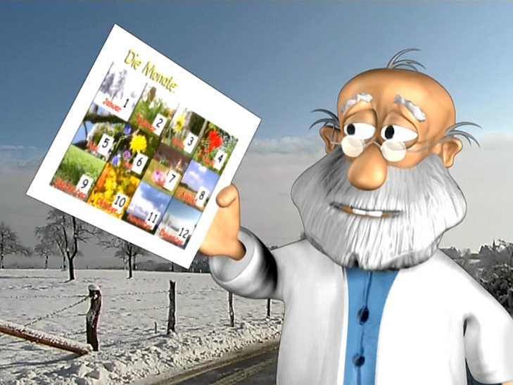 Ein animierter Charakter mit Brille und Bart hält einen Kalender mit Bildern der Monate in einer verschneiten Landschaft.