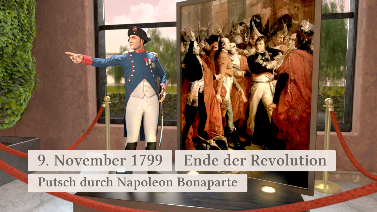 Darstellung von Napoleon Bonaparte, der auf eine Gruppe von Menschen zeigt, mit einem historischen Hintergrund, der den Putsch am 9. November 1799 thematisiert.
