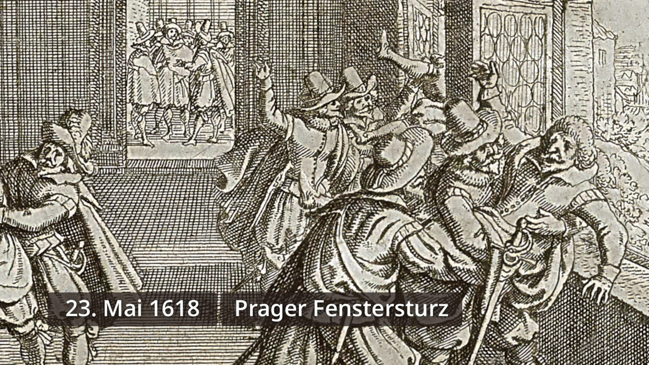 Historische Darstellung des Prager Fenstersturzes am 23. Mai 1618, mit aufgeregten Menschen und Kämpfen im Hintergrund.