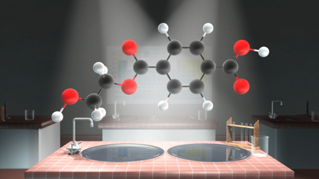 Molekülstruktur mit schwarzen, roten und weißen Atomen schwebend über einem Laborarbeitsplatz mit zwei Becken.