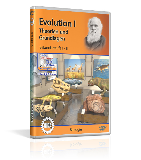 DVD-Cover mit dem Titel 'Evolution Eins' für die Sekundarstufen 1 und 2. Es zeigt ein Porträt von Charles Darwin sowie Darstellungen ausgestorbener Tiere.