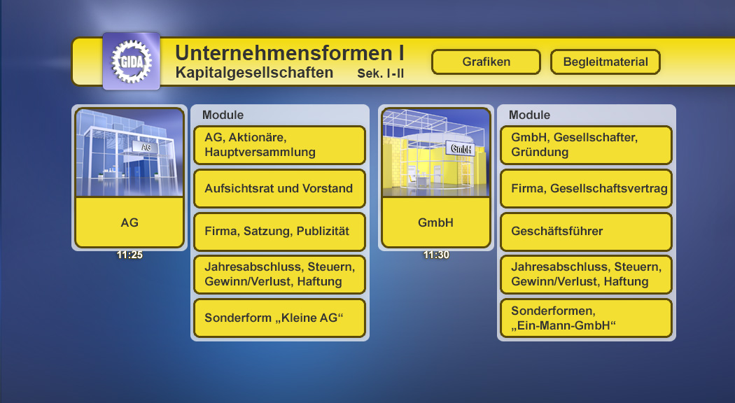 Menü des Films Unternehmensformen mit Modulen für AG und GmbH, einschließlich Themen wie Gründung und Gesellschaftsvertrag.