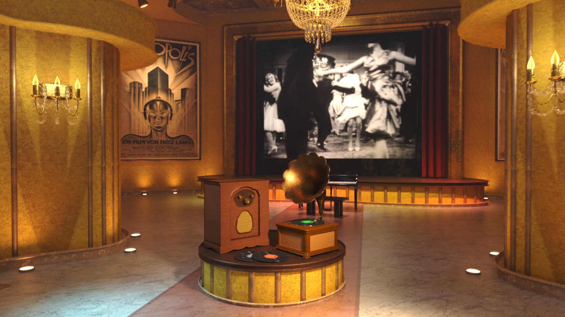 Ein nostalgischer Raum mit goldenen Wänden, einem Grammophon und einem großen, historischen Film auf der Leinwand, der Tänzer zeigt.