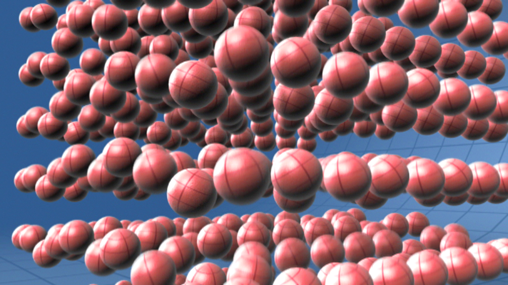 3D-Darstellung von roten Kugeln, die in mehreren Schichten angeordnet sind, vor einem blauen Hintergrund.