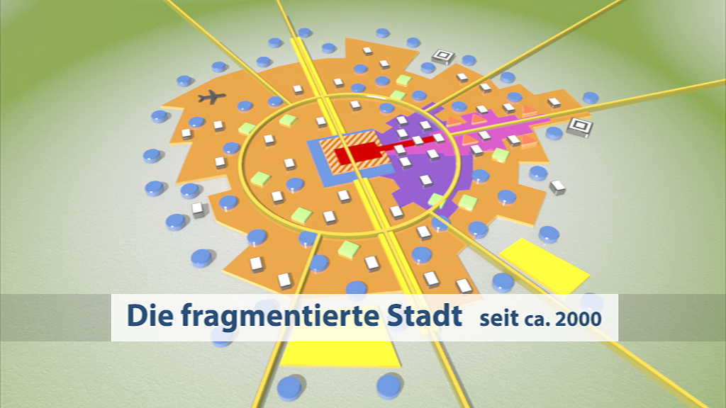 Grafik einer Stadtplanung, die die Fragmentierung seit 2000 darstellt, mit verschiedenen farbigen Zonen und Symbolen.