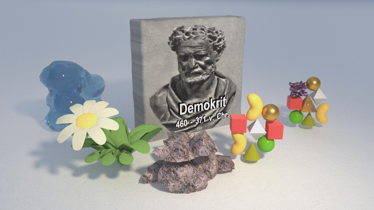 Eine Statue von Demokrit, umgeben von bunten geometrischen Formen, Blumen und Steinen.
