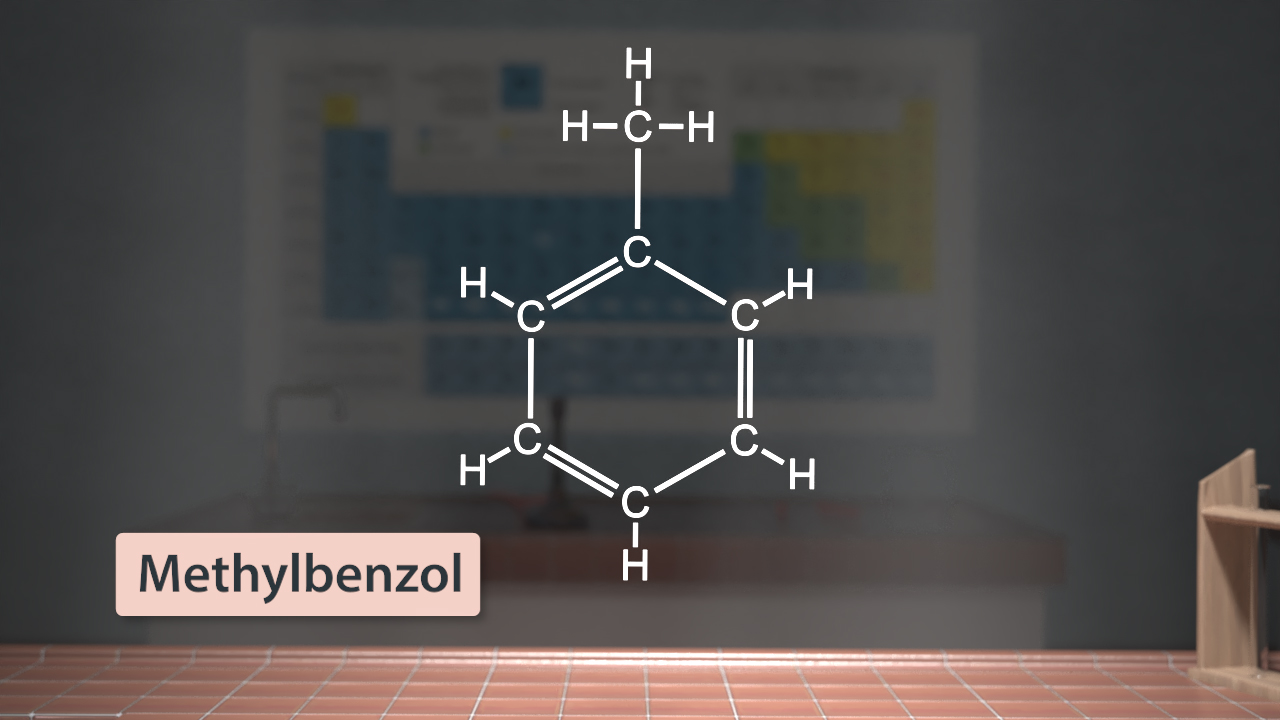 Chemische Struktur von Methylbenzol (Toluol) mit Wasserstoffatomen und Kohlenstoffring.