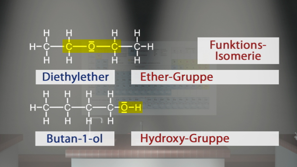 Chemische Strukturformeln für Diethylether und Butan-1-ol mit hervorgehobenen funktionellen Gruppen und Isomerie-Typen.