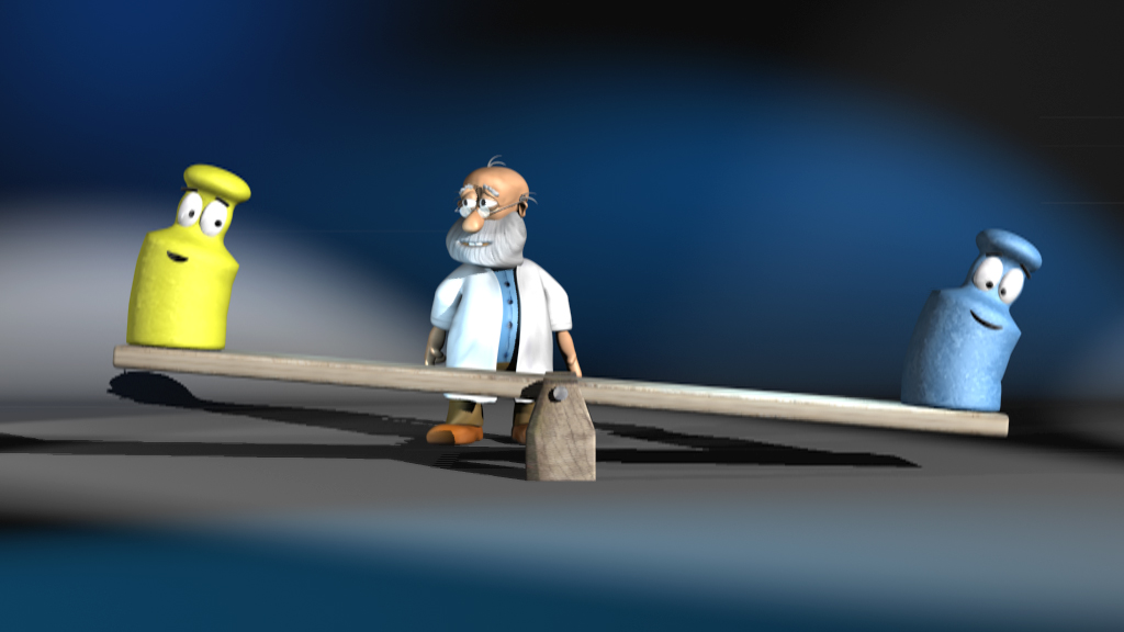 Ein älterer Mann mit Brille und Bart steht auf einer Wippe zwischen zwei bunten Flaschen, einer gelben und einer blauen.