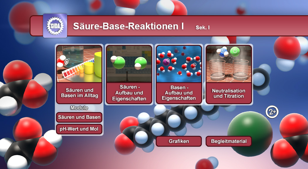 Interaktive Lernmodule zu Säure-Base-Reaktionen, einschließlich Alltag, Eigenschaften und Titration.