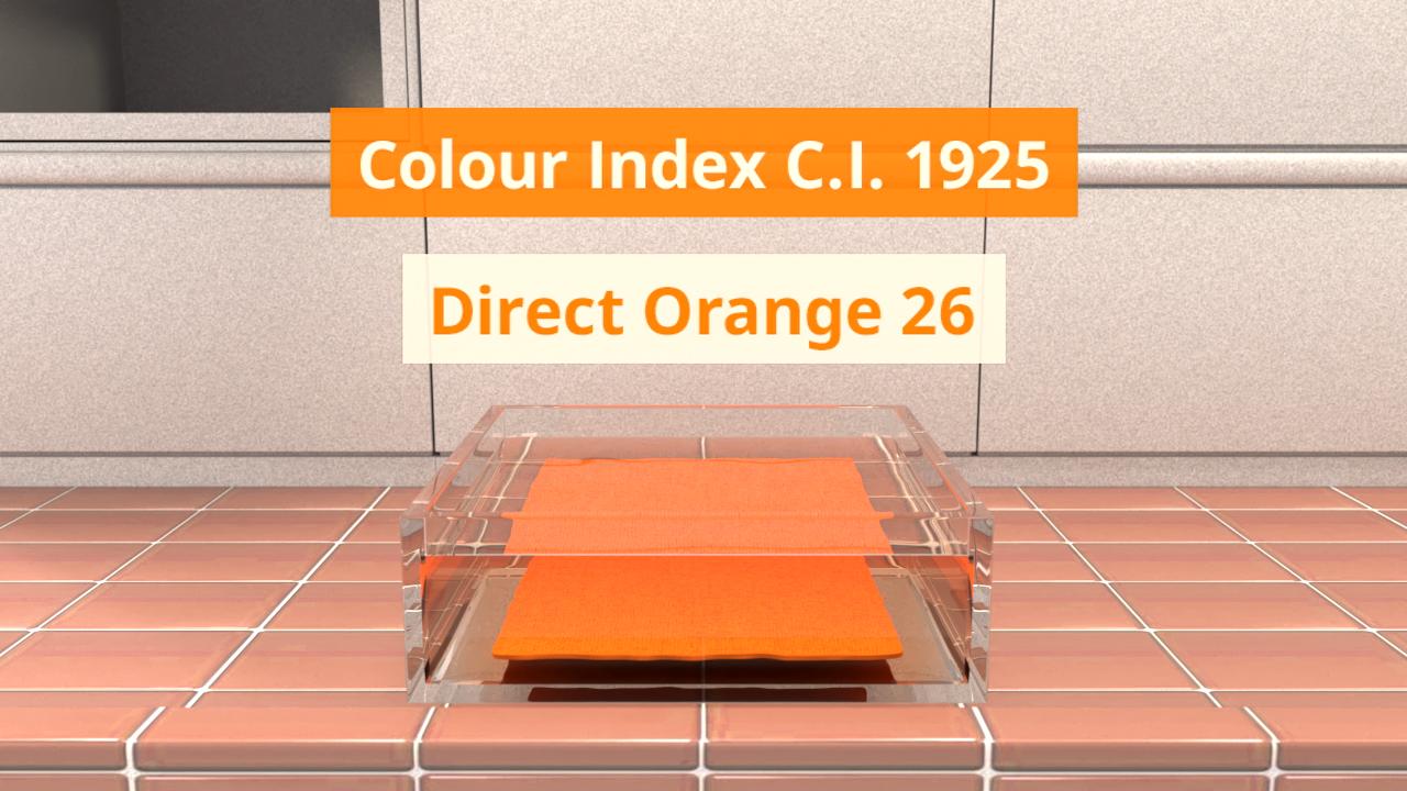 Ein transparenter Behälter mit orangefarbenem Material, beschriftet mit 'Colour Index C.I. 1925' und 'Direct Orange 26'.