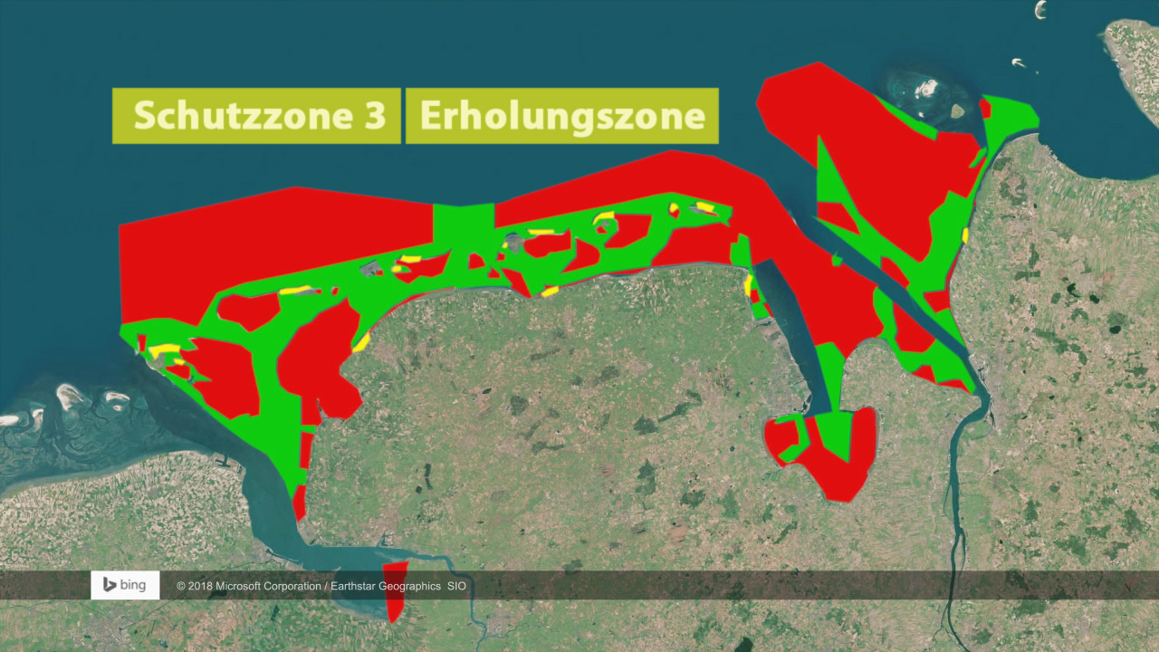 Karte mit Schutz- und Erholungszonen, rot für Schutzzone 3, grün für Erholungszone, zeigt geografische Bereiche.