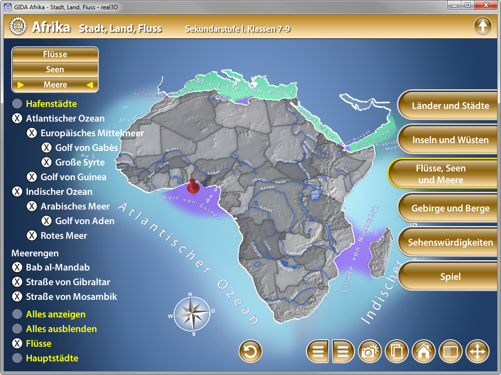 Karte von Afrika mit Flüssen, Seen und Meeren, zeigt geografische Merkmale und Hauptstädte.