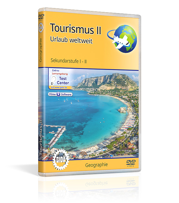 DVD-Cover für 'Tourismus II: Urlaub weltweit', Sekundarstufe I - II, Geographie, mit Bild einer Küstenlandschaft.